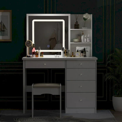 White Makeup Vanity Set with LED Mirror and Stool - 39.4" Wide