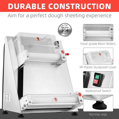 Commercial Pizza Dough Roller Sheeter, Max 16", Automatic 370W Electric Pizza Dough Roller, Stainless Steel, Suitable for Noodle, Pizza Bread and Pasta Maker Equipment