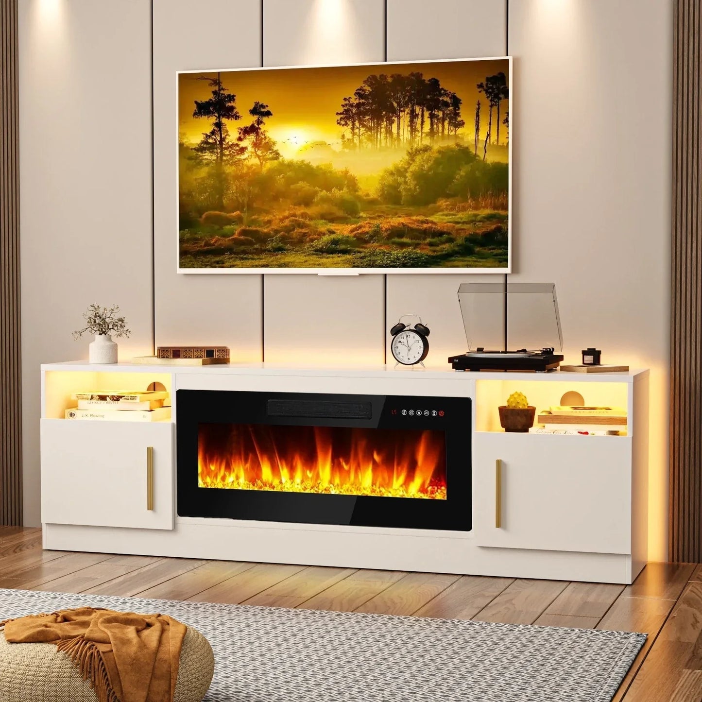 Bossin 70 Fireplace TV Stand with 36 Electric Fireplace, TV Stand for TVs Up to 80, 16 Colors LED Lights/Entertainment Center