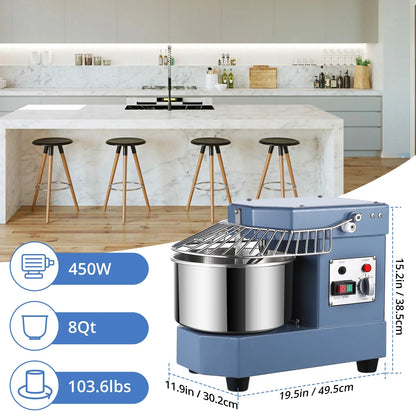 2025  8Qt Commercial Food Mixer, 450W Dual Rotating Dough Kneading Machine w Food-grade Stainless Steel Bowl, Security Shield & Timer, Commercial