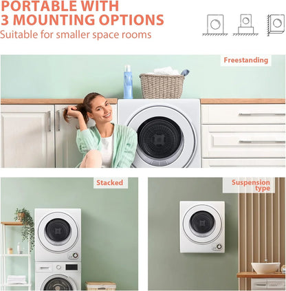 Compact Laundry Dryer, 3.5 cu ft Front Load Stainless Steel Clothes Dryers With Exhaust Pipe, 1500W, LCD Control Panel Four-Function Portable Dryer For Apartments, Home, Dorm, White