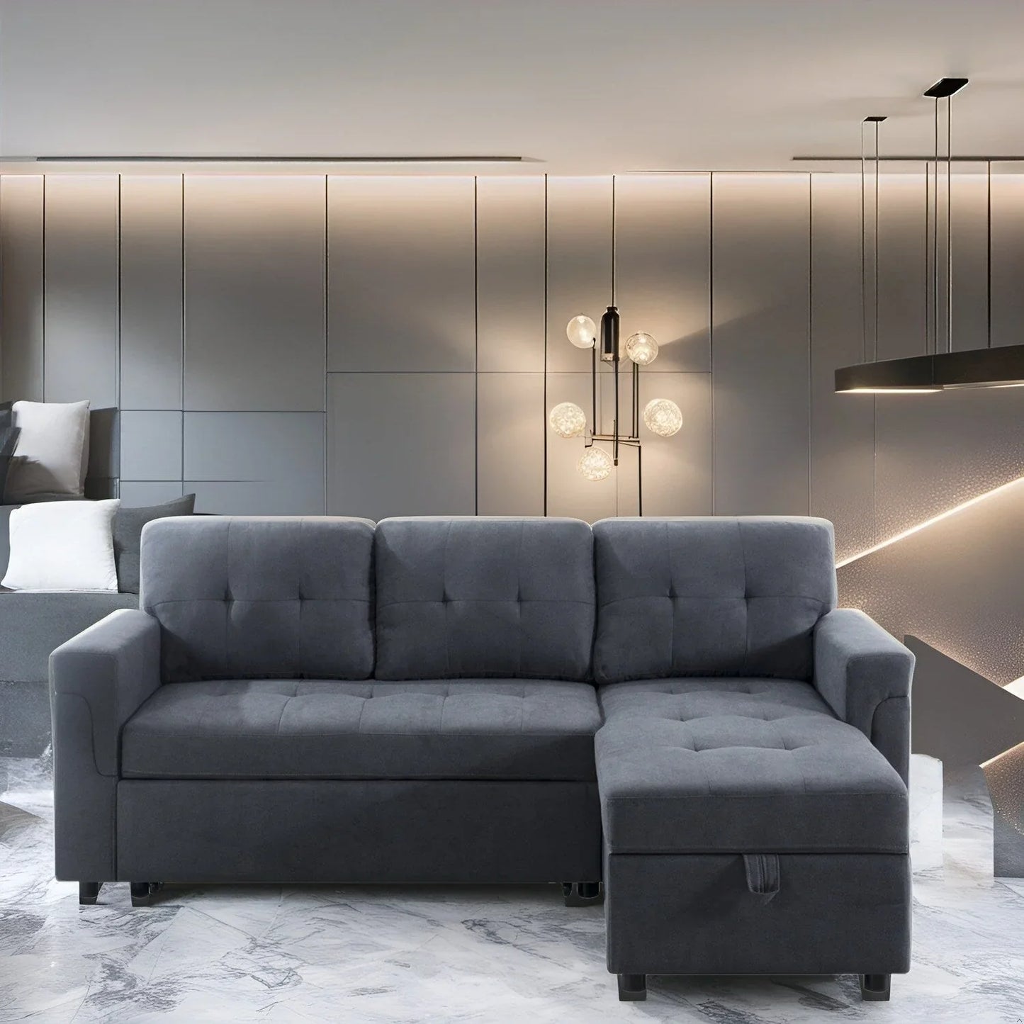 Reversible Sectional Sofa with Pull-Out Sleeper Bed, Hidden Storage Chaise, Durable Legs,