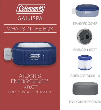 Coleman SaluSpa Atlantis AirJet 4 to 6 Person Inflatable Hot Tub Square Portable Outdoor Spa with 140 Soothing Jets with Cover, Blue