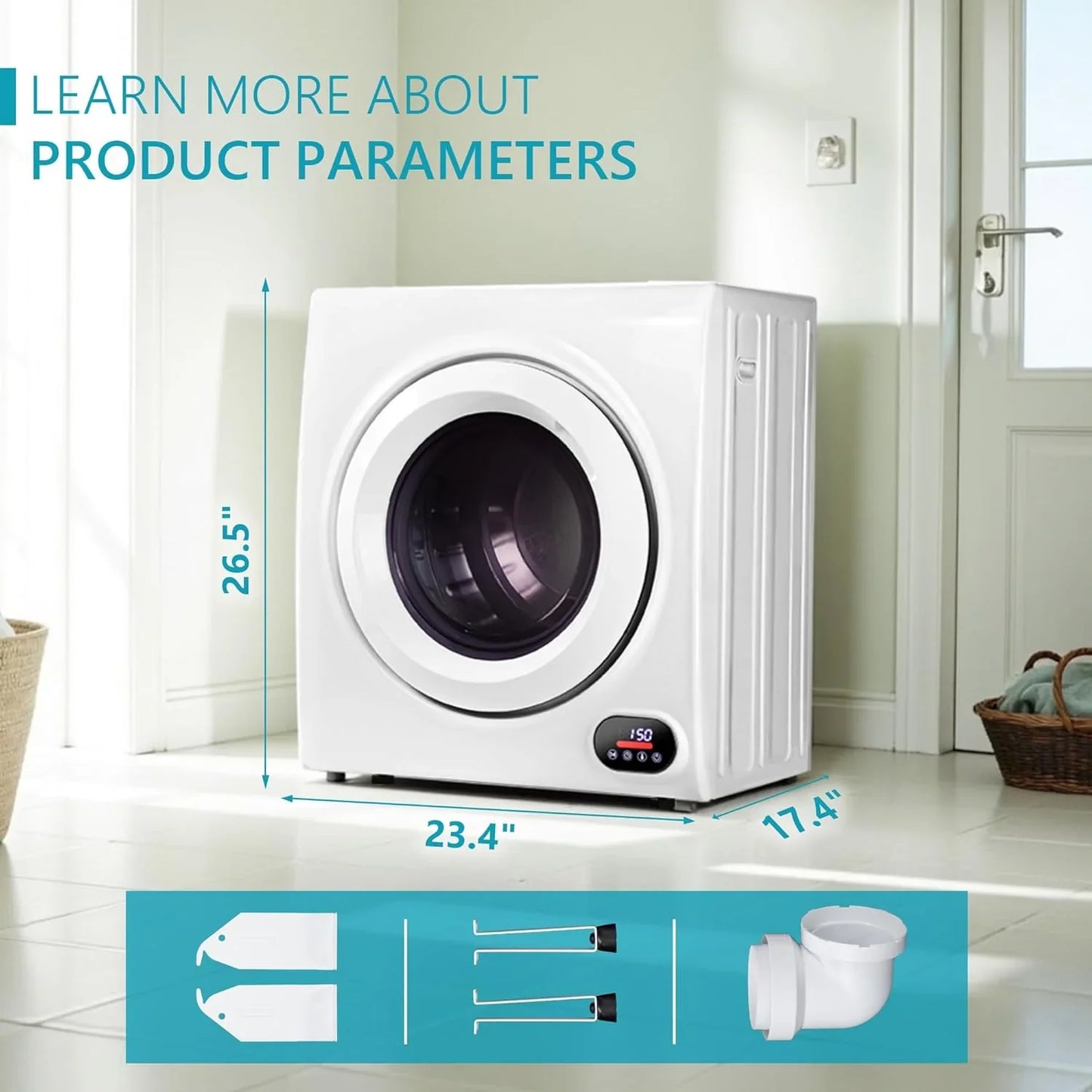 Compact Laundry Dryer, 3.5 cu ft Front Load Stainless Steel Clothes Dryers With Exhaust Pipe, 1500W, LCD Control Panel Four-Function Portable Dryer For Apartments, Home, Dorm, White