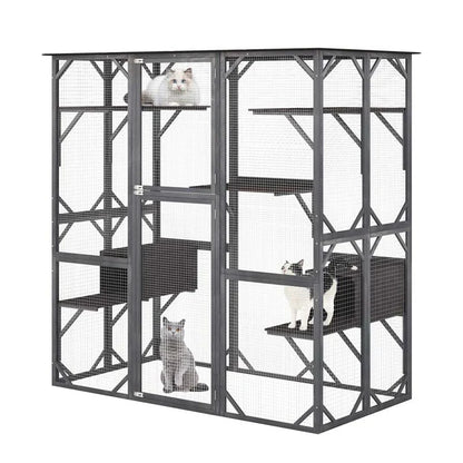 71" Tall Large Cat House Outdoor Catio Kitty Enclosure, Walk-in Cat Kennel Condo, Wooden Cat Cage Playpen with 7 Platforms