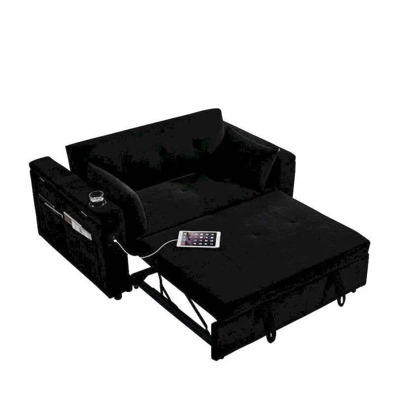 54 Pull-Out Sleeper Sofa Bed, 2 Seat Recliner Sofa Bed with Storage, Lumbar Pillow, USB Power Outlet