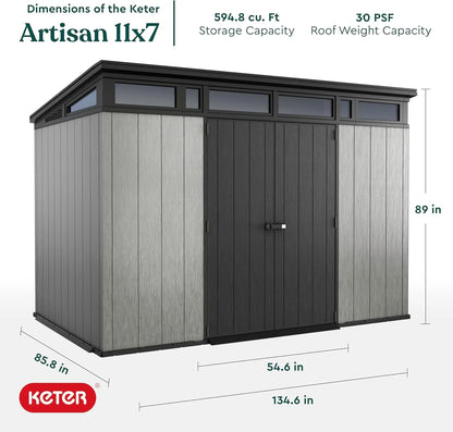 Keter Artisan 11x7 Modern Resin Outdoor Storage Shed Kit-Perfect to Store Patio Furniture, Garden Tools Bike Accessories, Beach Chairs and Lawn Mower, Grey & Black