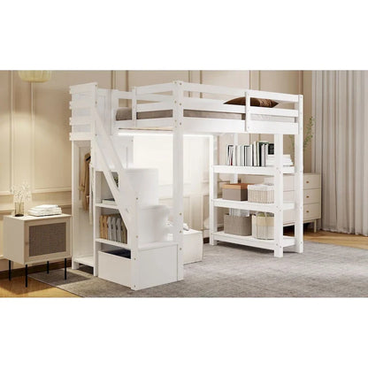 Full/Twin Loft Bed with Storage Stairs - Shelves, Wardrobe & LED Light, Space-Saving Design