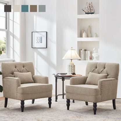 Set of 2 Arm Chair Upholstered Button Tufted Accent Chair with Lumbar Pillow Beige/ Grey/ Light Blue
