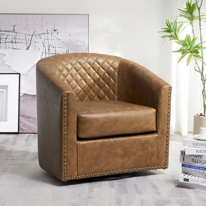 KINWELL 29 Wide Tufted PU Leather Swivel Barrel Chair