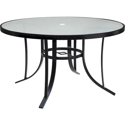 Hanover Lavallette 5-Piece Dining Set in Ocean Blue with 4 Stationary Chairs, 52-In. Round Glass-Top Table, Umbrella, and Base