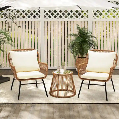 3-Piece Patio Conversation Bistro Set, Outdoor Rattan Furniture Set with Glass Table & 2 Wide Armchairs, Seat Cushions