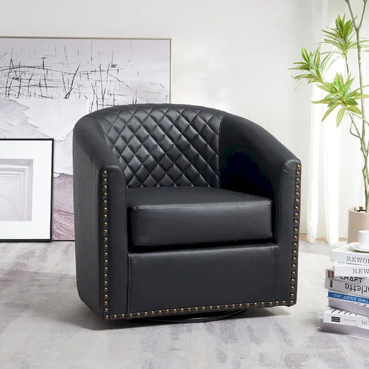 KINWELL 29 Wide Tufted PU Leather Swivel Barrel Chair