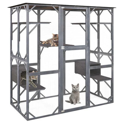 71" Tall Large Cat House Outdoor Catio Kitty Enclosure, Walk-in Cat Kennel Condo, Wooden Cat Cage Playpen with 7 Platforms