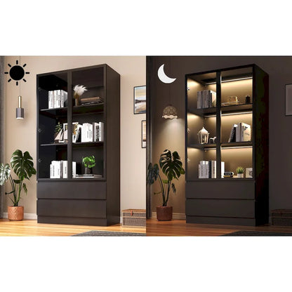 Display Storage Cabinet,Display Cabinet with Tempered Glass Doors, Showcase with 4-Tier Storage Shelves