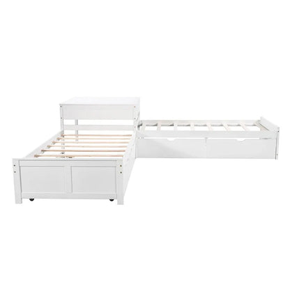 White Modern Twin Size L-shaped Platform Bed with Trundle and Drawers for Bedroom