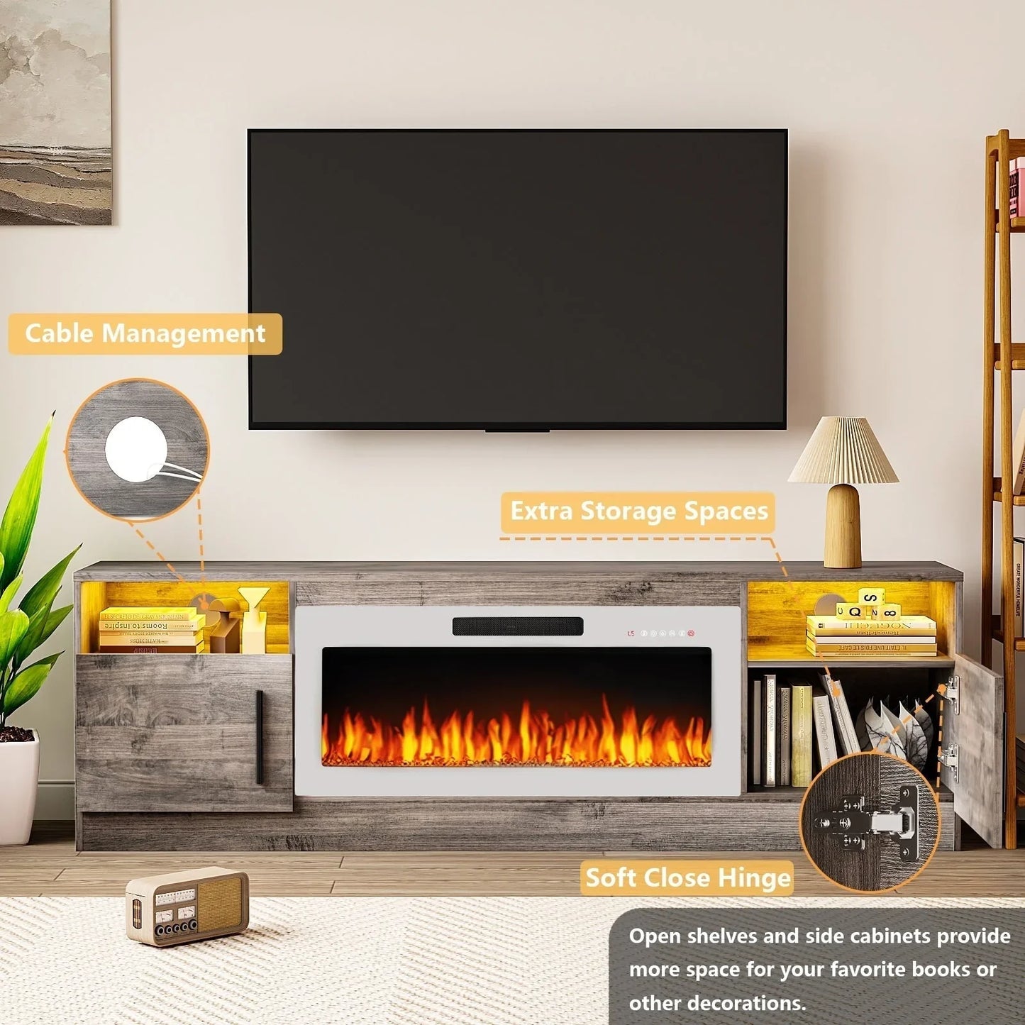 Bossin 70 Fireplace TV Stand with 36 Electric Fireplace, TV Stand for TVs Up to 80, 16 Colors LED Lights/Entertainment Center